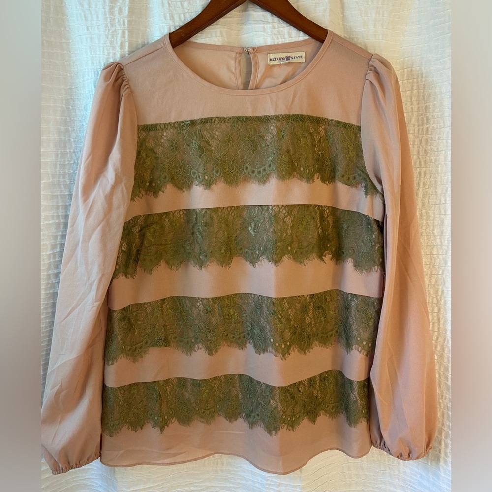 Altar'd State Blush Pink Top with Olive Lace Stripes